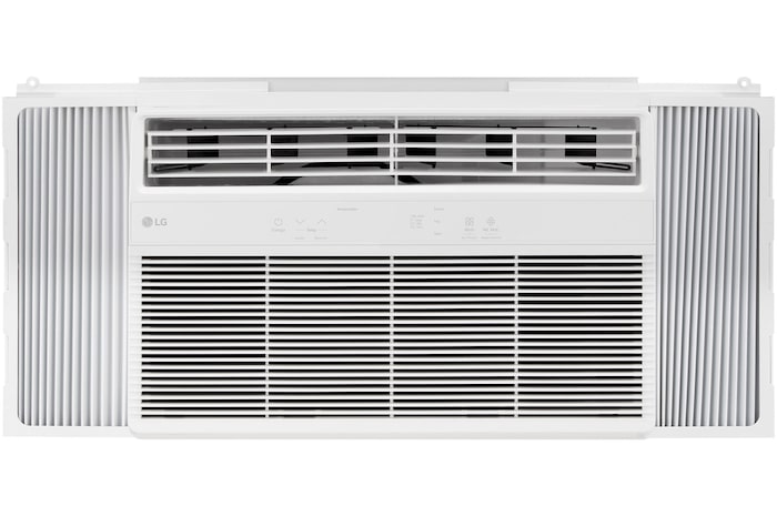 Wide front view of a window air conditioner with installed accessories