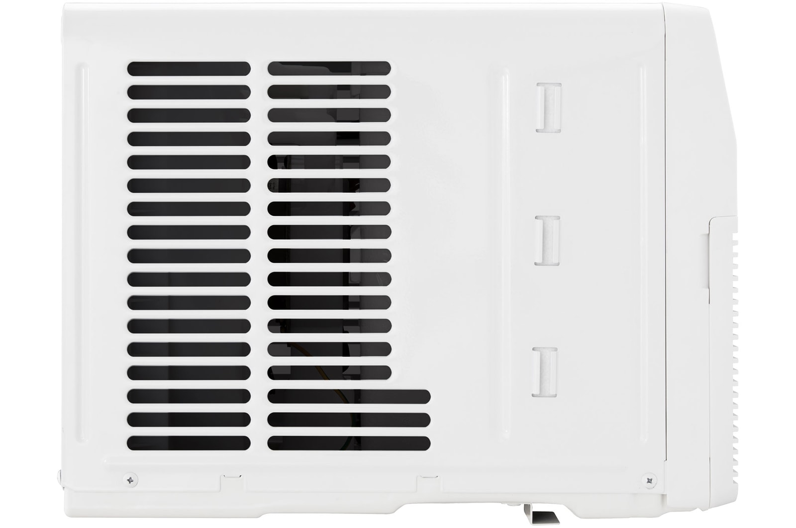 Left-side rear view of a window air conditioner with exhaust vents