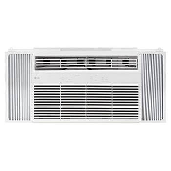 Wide front view of a window air conditioner with installed accessories