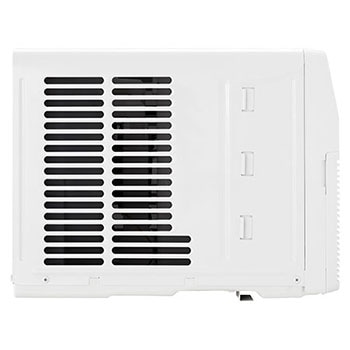 Left-side rear view of a window air conditioner with exhaust vents