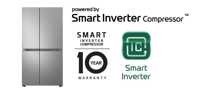 Imagen del producto con el logotipo de Smart Inverter Compressor™ y el logotipo de 10 años de garantía.