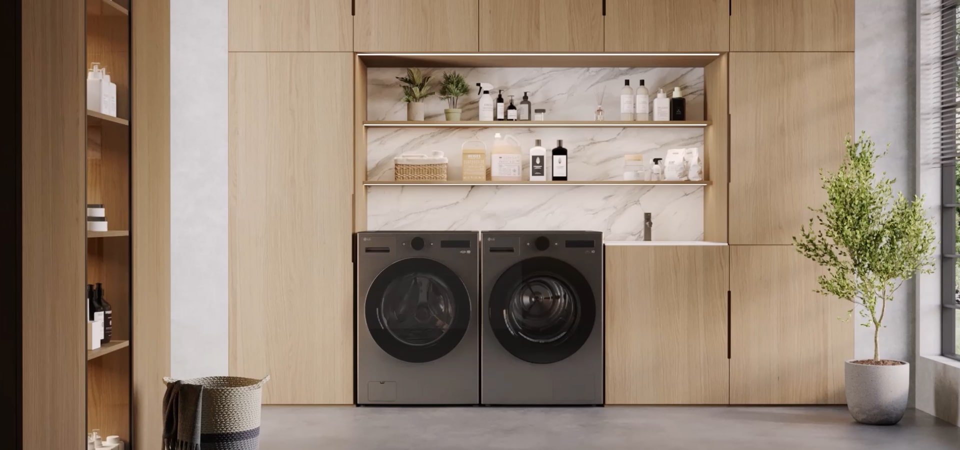 Vídeo de acercamiento a la lavadora LG en el cuarto del lavado con secadora LG