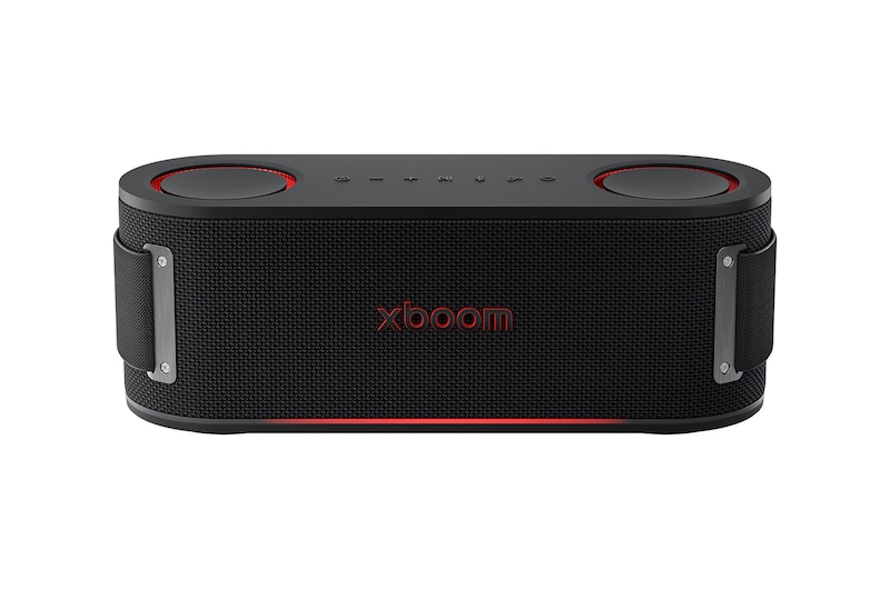 Vista frontal de la LG xboom Bounce by will.i.am | Bocina Bluetooth portátil | xboom Signature Sound con radiadores pasivos ascendentes