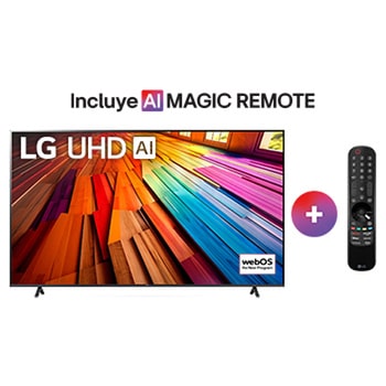 Front view of LG UHD TV, UT80 with text of LG UHD AI, 2024, and webOS Re:New Program logo on screen