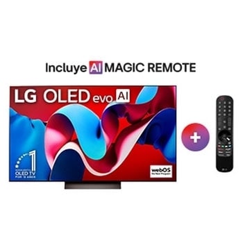 Una vista frontal del televisor LG OLED evo C4 OLED55C4PSA, con el "emblema de 11 años como la marca número 1 del mundo en OLED" mostrado en la pantalla.