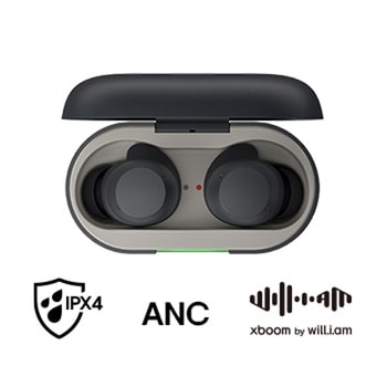 Vista frontal de la LG xboom Buds by will.i.am | Audífonos Bluetooth | xboom Signature Sound con driver de grafeno | Color Negro