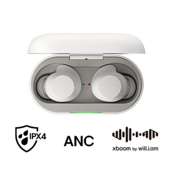 Vista frontal de la LG xboom Buds by will.i.am | Audífonos Bluetooth | xboom Signature Sound con driver de grafeno | Color Blanco