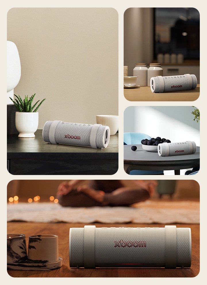 Cuatro imágenes diferentes de escenas interiores de xboom Grab Gris que muestran su atmósfera tranquila con color.