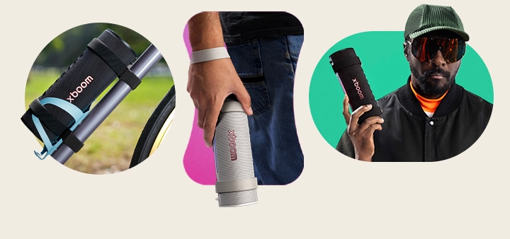 En el lado superior izquierdo, xboom Grab se sostiene con su correa en la muñeca de alguien. En el lado superior derecho, xboom Grab se coloca en el portabotellas de una bicicleta. En la parte inferior izquierda, will.i.am con un atuendo blanco sostiene xboom Grab con su mano derecha. En la parte inferior derecha, will.i.am con un atuendo negro sostiene xboom Grab con su mano derecha.