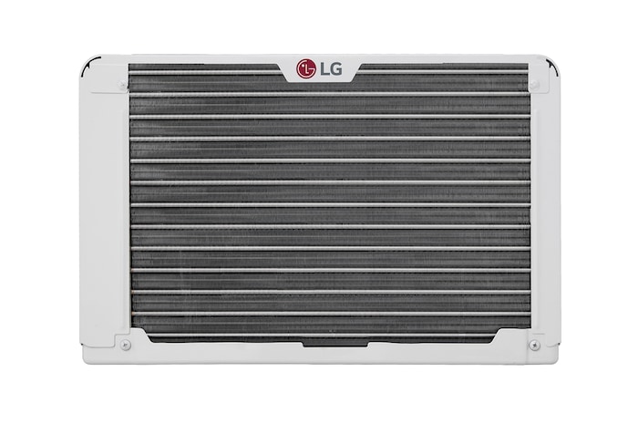 Wide front view of a window air conditioner with installed accessories