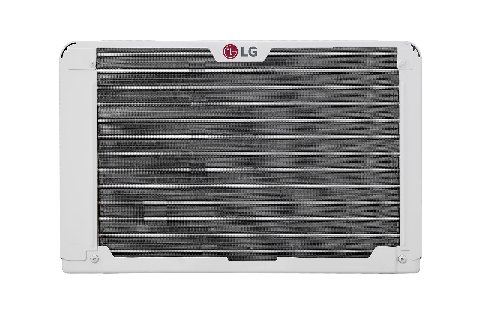 Wide front view of a window air conditioner with installed accessories