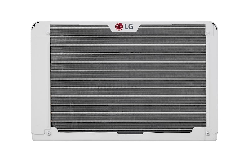Wide front view of a window air conditioner with installed accessories