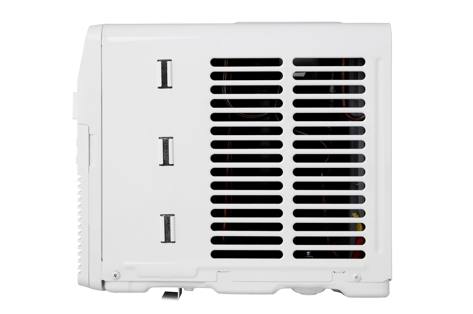 Right-side rear view of a window air conditioner with exhaust vents