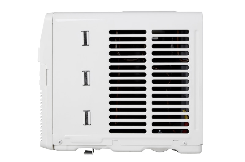 Right-side rear view of a window air conditioner with exhaust vents