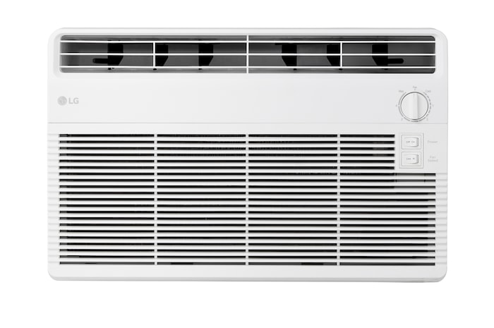 Left-side rear view of a window air conditioner with exhaust vents