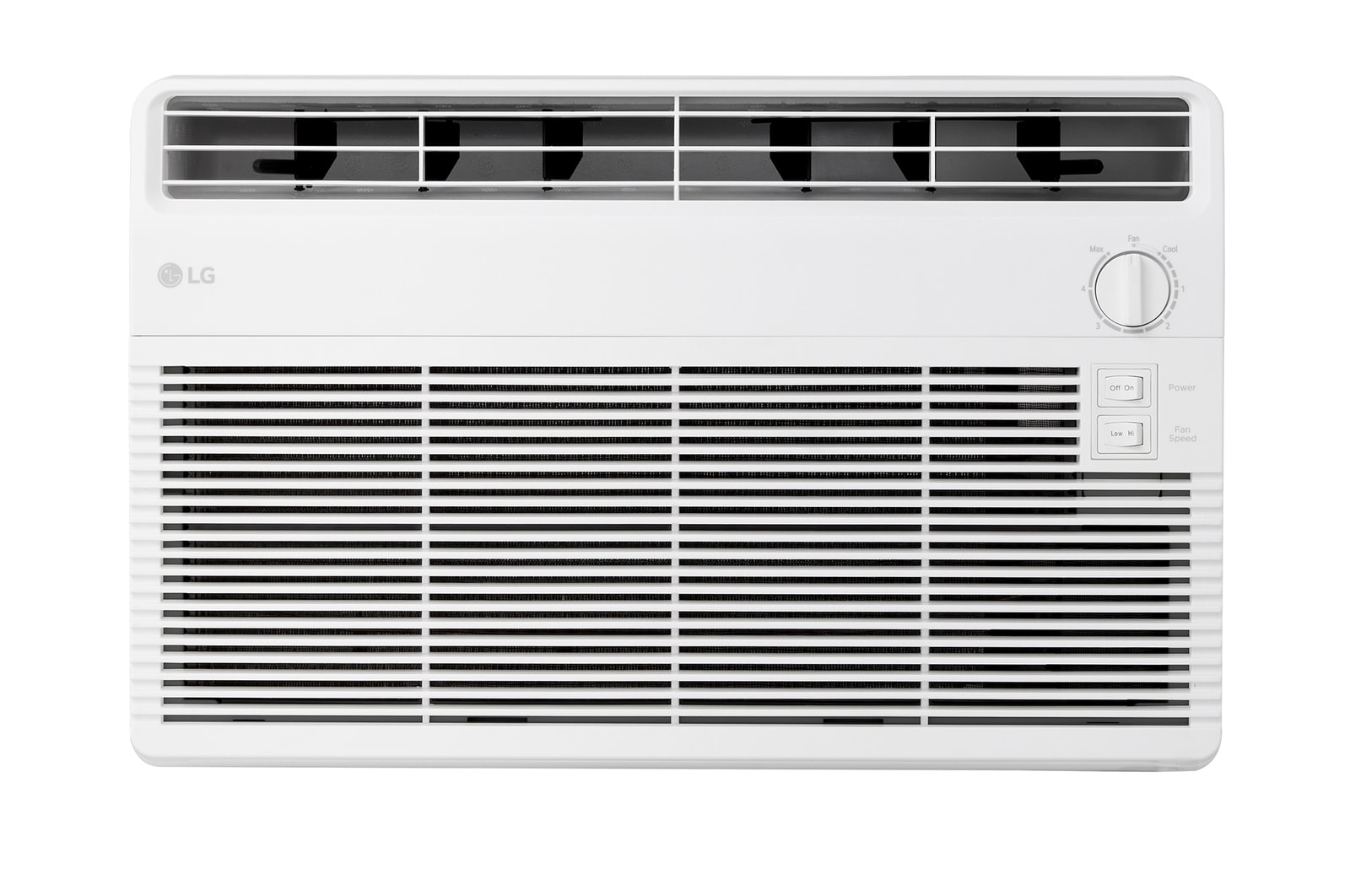 Left-side rear view of a window air conditioner with exhaust vents