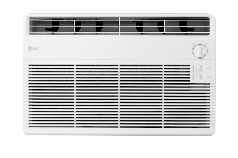 Left-side rear view of a window air conditioner with exhaust vents