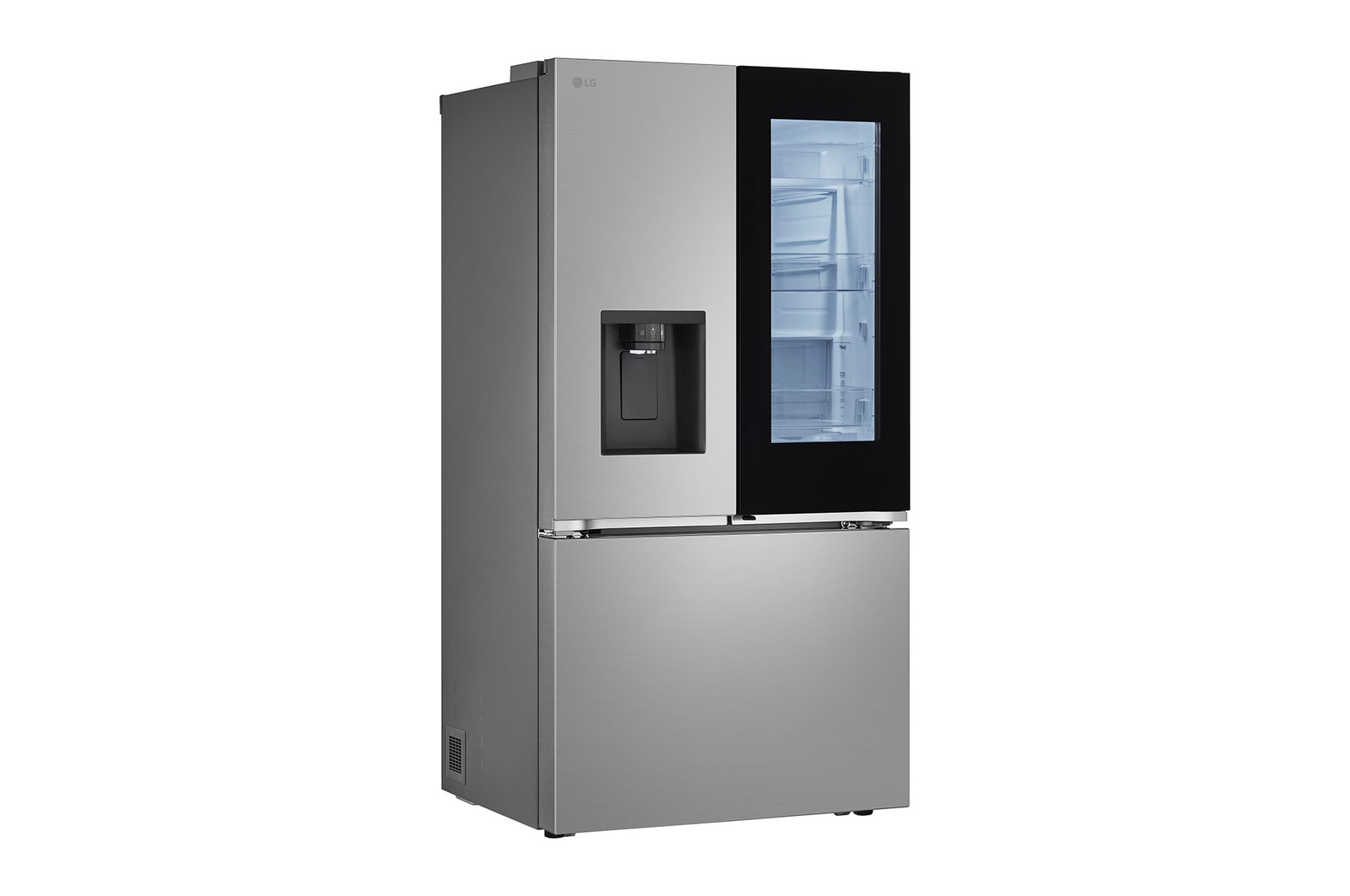Refrigerador InstaView : LG GM89SXD Acero Negro: una mano alcanza una botella a través de la apertura Door-in-Door, con el panel InstaView iluminado visible.