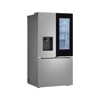 Refrigerador InstaView : LG GM89SXD Acero Negro: una mano alcanza una botella a través de la apertura Door-in-Door, con el panel InstaView iluminado visible.