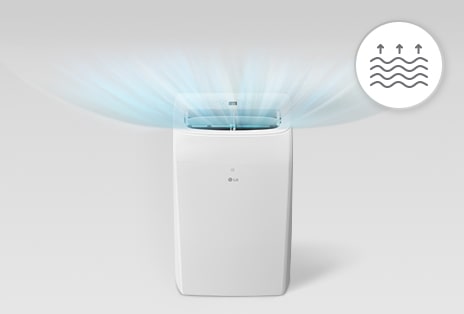 Acondicionador de aire portátil con sistema de evaporación automática e ilustración del flujo de aire.