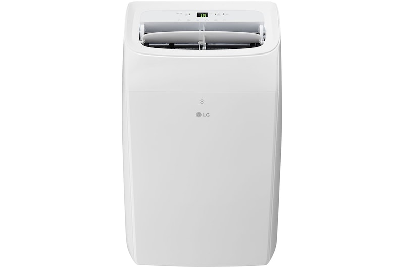 Front view of a portable air conditioner with power on