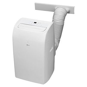 Front view of a portable air conditioner with an attached exhaust hose