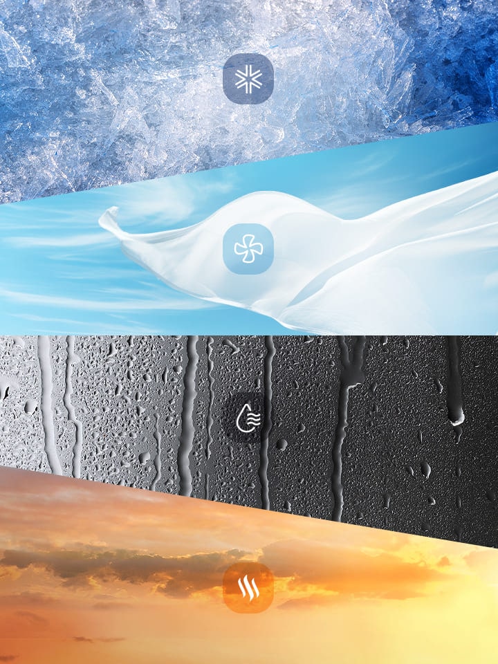 Ilustración de cuatro modos: enfriar con hielo, ventilar con flujo de aire, secar con gotas de agua y calentar con luz solar cálida.