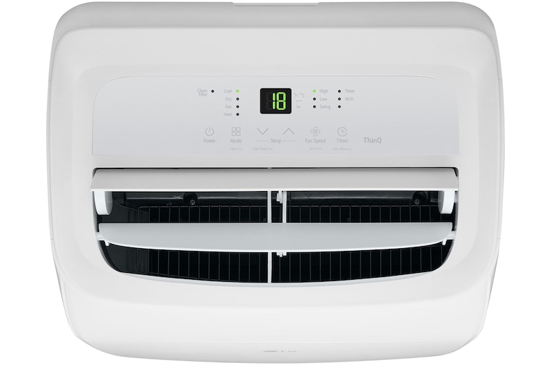 Close-up of a portable air conditioner's control panel with power on