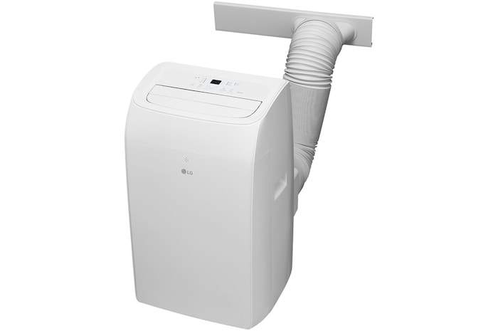 Front view of a portable air conditioner with an attached exhaust hose