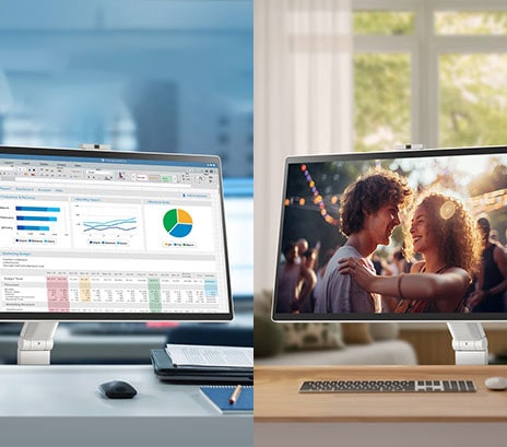 En la imagen de la izquierda, un LG Smart Monitor Swing en una oficina muestra varios gráficos, mientras que en la imagen de la derecha, un LG Smart Monitor Swing en casa reproduce una película.