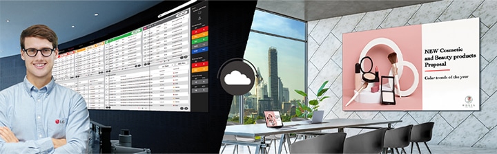Uno de los empleados de LG supervisa a distancia la pantalla LED LAPA instalada en un lugar diferente mediante la solución de supervisión de LG basada en la nube denominada LG ConnectedCare.
