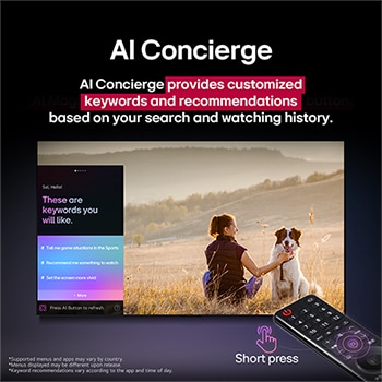 LG AI Magic Remote in front of an LG TV screen. On the screen is a personalized greeting from the LG AI with custom keywords based on the user's search and watch history. By the remote is an icon and label showing that the AI Concierge functionality is easily accessible with one short press on the AI button. 