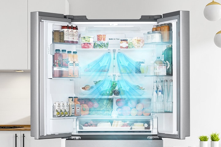 Vista general del refrigerador multi door LG que muestra el funcionamiento de la tecnología Multi Air Flow