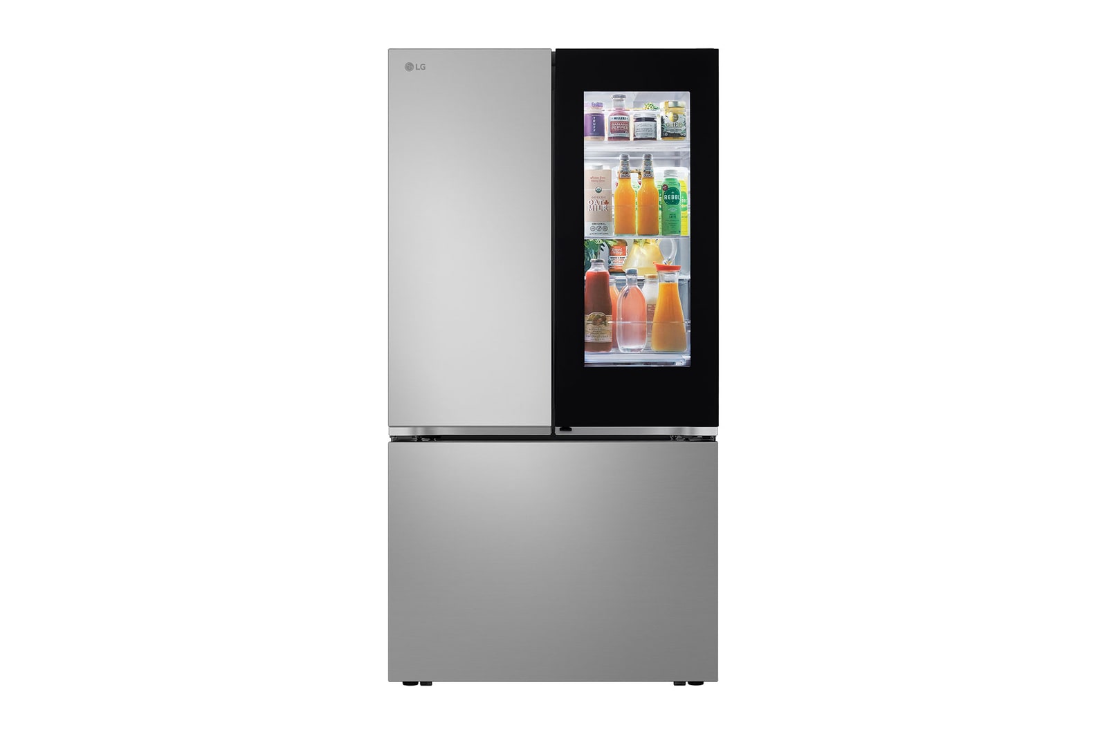 Front view of open refrigerator.