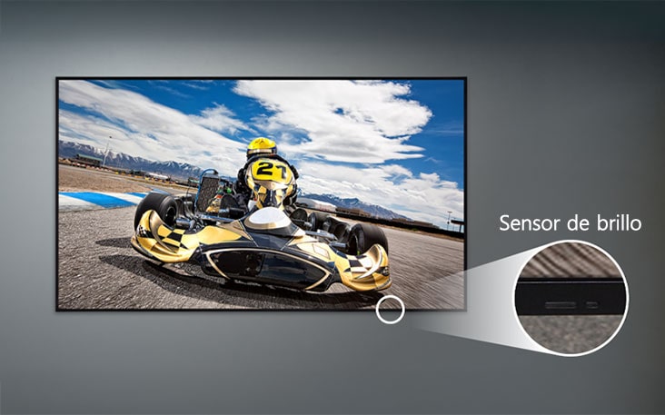 Se monta un UL5Q-E en la pared, con un primer plano del sensor de brillo situado en la parte inferior delantera de la pantalla.