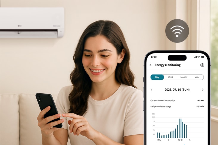 El ícono muestra que la aplicación ThinQ siempre tiene datos sobre los aires acondicionados LG, lo que permite una gestión eficiente.