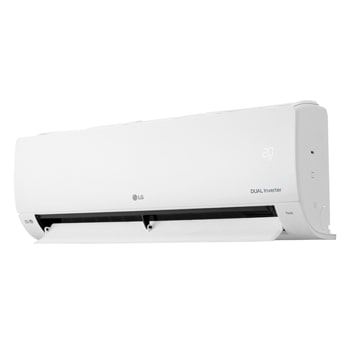 Right perspective view of LG DUAL Inverter air conditioner with lower vane angled downward