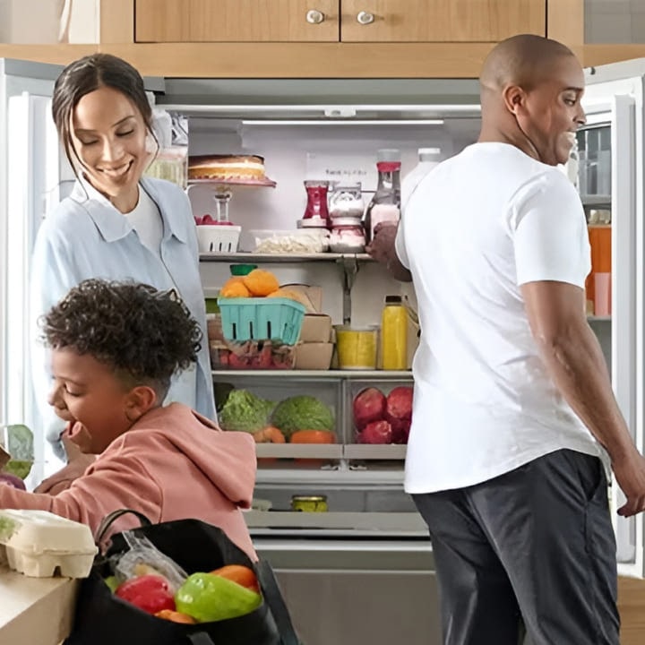 Un refrigerador LG multipuertas de gran capacidad, con 32 pies cúbicos, que destaca por su capacidad para almacenar más alimentos que nunca.
