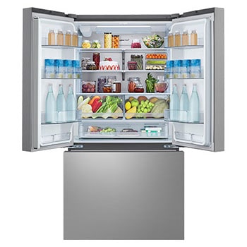 Vista frontal abierta de los alimentos del refrigerador de varias puertas.