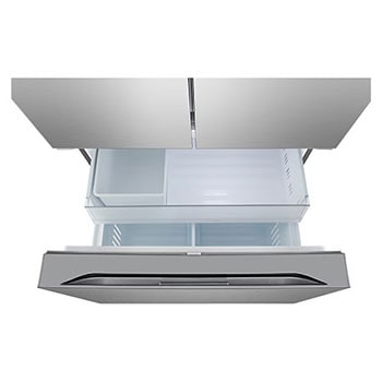 Vista cercana de la parte del congelador de un refrigerador de varias puertas.