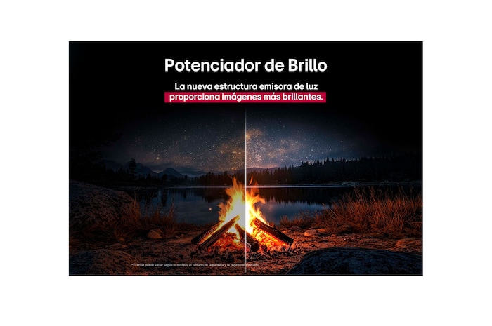 Campfire at night in the middle of nature. In the distance is a forest and lake. The evening sky is filled with stars. The whole scene is split in half. One side is darker and duller. The other half is remarkably brighter, showcasing the impressive brilliance from Brightness Booster.