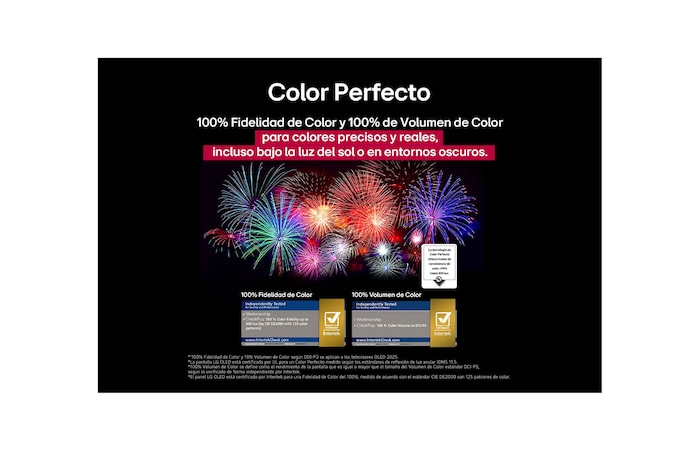 Dazzling and vibrantly colorful fireworks are on a TV screen. This demonstrates 100% Color Fidelity which shows accurate colors even in sunlight. Logo certification is visible, Perfect Color Technology delivers color consistency levels greater than 99% up to 500 lux. Intertek certifications that show independent testing are also beside it.