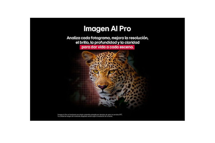 Leopard in the forest in vivid color and detail. The leopard has a grid and a light glowing behind it, indicating how LG AI Picture Pro made impressive visual enhancements to the scene's resolution, brightness, depth, and clarity.