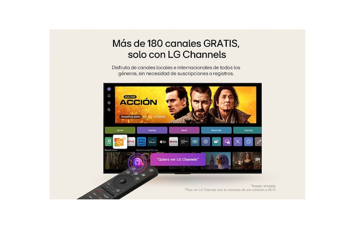 LG AI Magic Remote in the foreground. The AI button icon is highlighted. In the background is the LG webOS UI. The mouse cursor implies that the remote is in use. Text explains how the remote's functions and controls make navigating webOS easy.