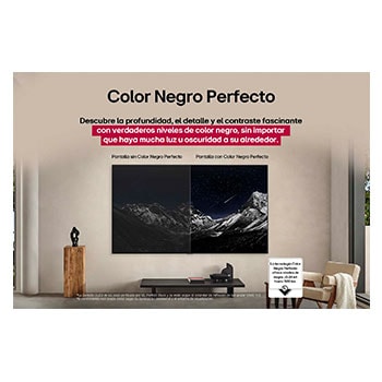 Living room space with a wall-mounted LG OLED TV. On the TV is a mountain range against a dark evening sky filled with stars. This scene is split in half. One side shows a duller, grayer version of the landscape labeled, Non Perfect Black display. On the other side is a more pleasing picture with a larger dynamic range of blacks and whites. This is labeled, Perfect Black display. Logo certification is also visible, Perfect Black Technology delivers black levels less than or equal to 0.24 nit up to 500 lux. 