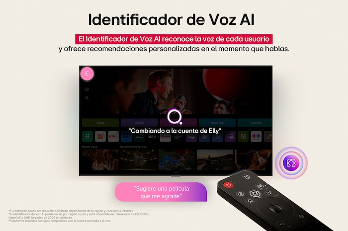 Pantalla de LG TV con un AI Magic Remote de fondo. El botón de IA está resaltado y con un globo de texto: Sugiere una película que me guste. En la pantalla, se muestra el ícono de usuario E, que indica cómo AI Voice ID identificó al usuario y dio recomendaciones personalizadas basándose únicamente en su voz. 