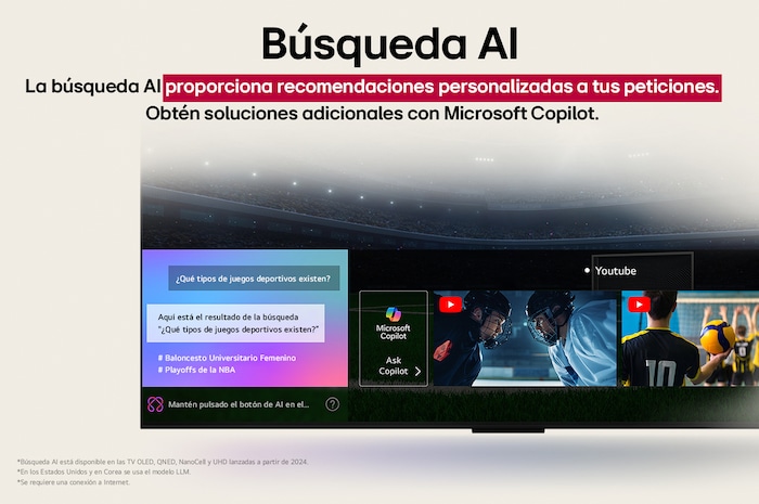 Primer plano de la pantalla de una LG OLED TV en la que se muestra cómo funciona AI Search. Hay una pequeña ventana de chat abierta que muestra cómo el usuario preguntó qué eventos deportivos están disponibles. AI Search respondió a través del chat y mostró imágenes en miniatura del contenido disponible. También hay un indicador para hacer preguntas a Microsoft Copilot. 
