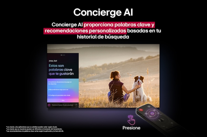 Un LG AI Magic Remote frente a la pantalla de una LG TV. En la pantalla, aparece un saludo personalizado de LG AI con palabras clave personalizadas basadas en el historial de búsquedas y visualizaciones del usuario. En el control remoto hay un ícono y una etiqueta en los que se indica que se puede acceder fácilmente a las funciones de AI Concierge con solo pulsar brevemente el botón de IA. 