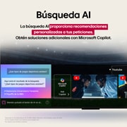 Primer plano de la pantalla de una LG OLED TV en la que se muestra cómo funciona AI Search. Hay una pequeña ventana de chat abierta que muestra cómo el usuario preguntó qué eventos deportivos están disponibles. AI Search respondió a través del chat y mostró imágenes en miniatura del contenido disponible. También hay un indicador para hacer preguntas a Microsoft Copilot. 
