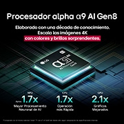 El procesador alpha 9 AI Gen8 se ilumina con diferentes tonos de azul y de él salen rayos de luz que resaltan sus circuitos. Se muestran estadísticas de rendimiento. Procesamiento neuronal de IA 1.7 veces superior, unidad de procesamiento neuronal (Neural Processing Unit, NPU). Operación 1.7 veces más rápida, unidad central de procesamiento (Central Processing Unit, CPU). Gráficos 2.1 veces mejorados, unidad de procesamiento gráfico (Graphics Processing Unit, GPU).